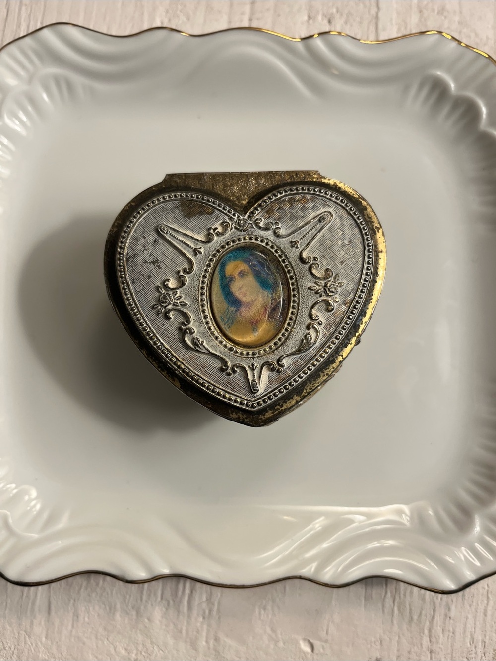 Heart-Shaped Vintage Silver and Gold Trinket Box with Portrait